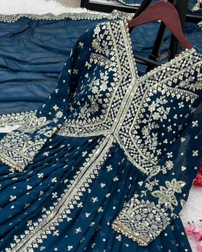 Midnight Navy Heavily Embroidered Gown & Lehenga Set