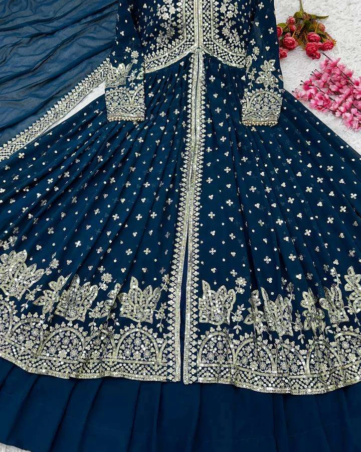 Midnight Navy Heavily Embroidered Gown & Lehenga Set