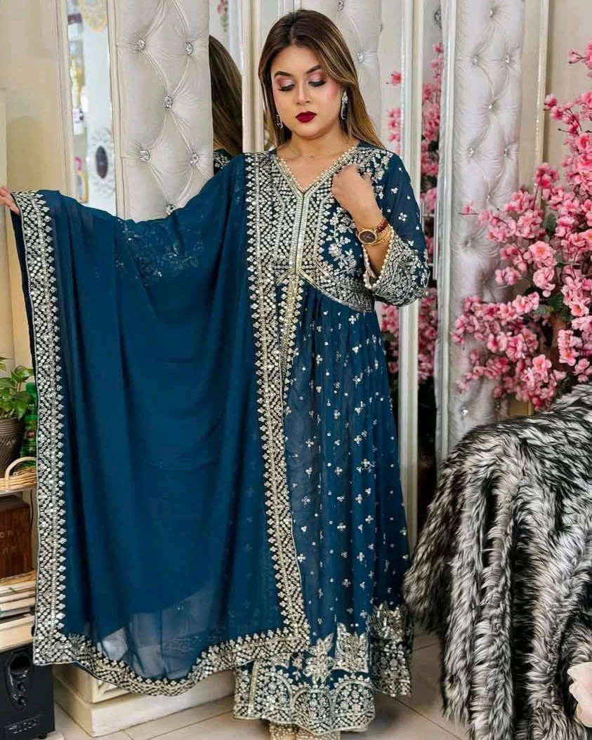 Midnight Navy Heavily Embroidered Gown & Lehenga Set