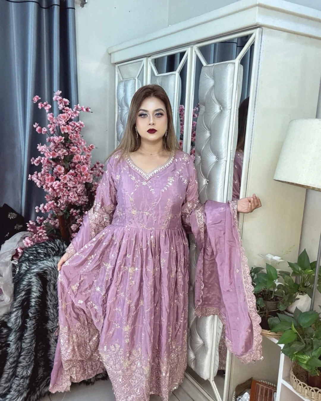 Mauve Majesty Sequined Chinon Silk Anarkali Gown Set
