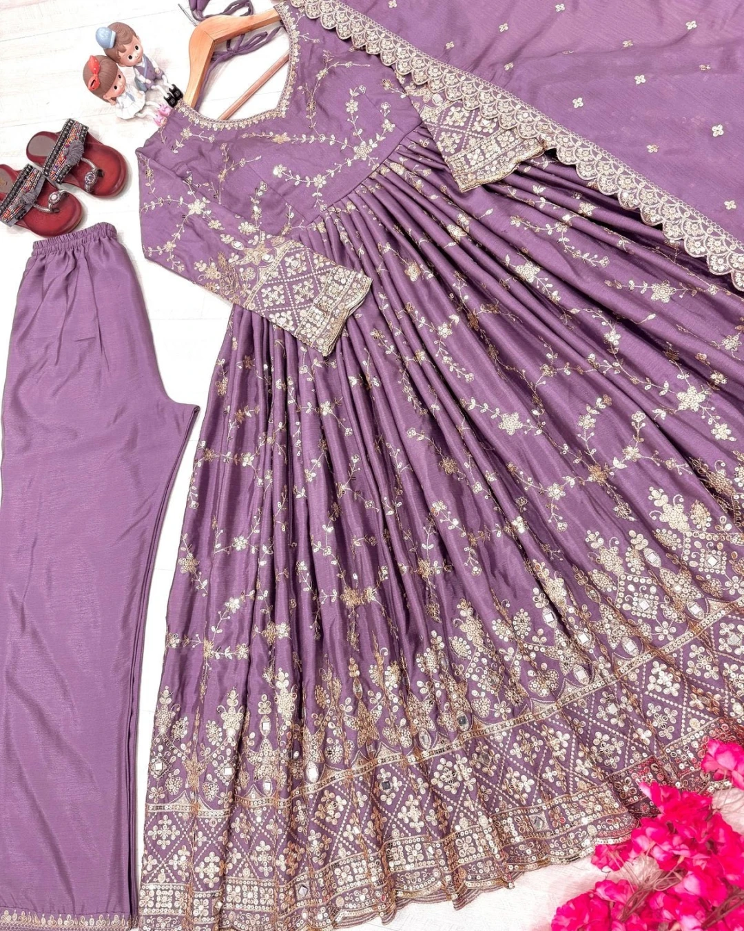 Mauve Majesty Sequined Chinon Silk Anarkali Gown Set