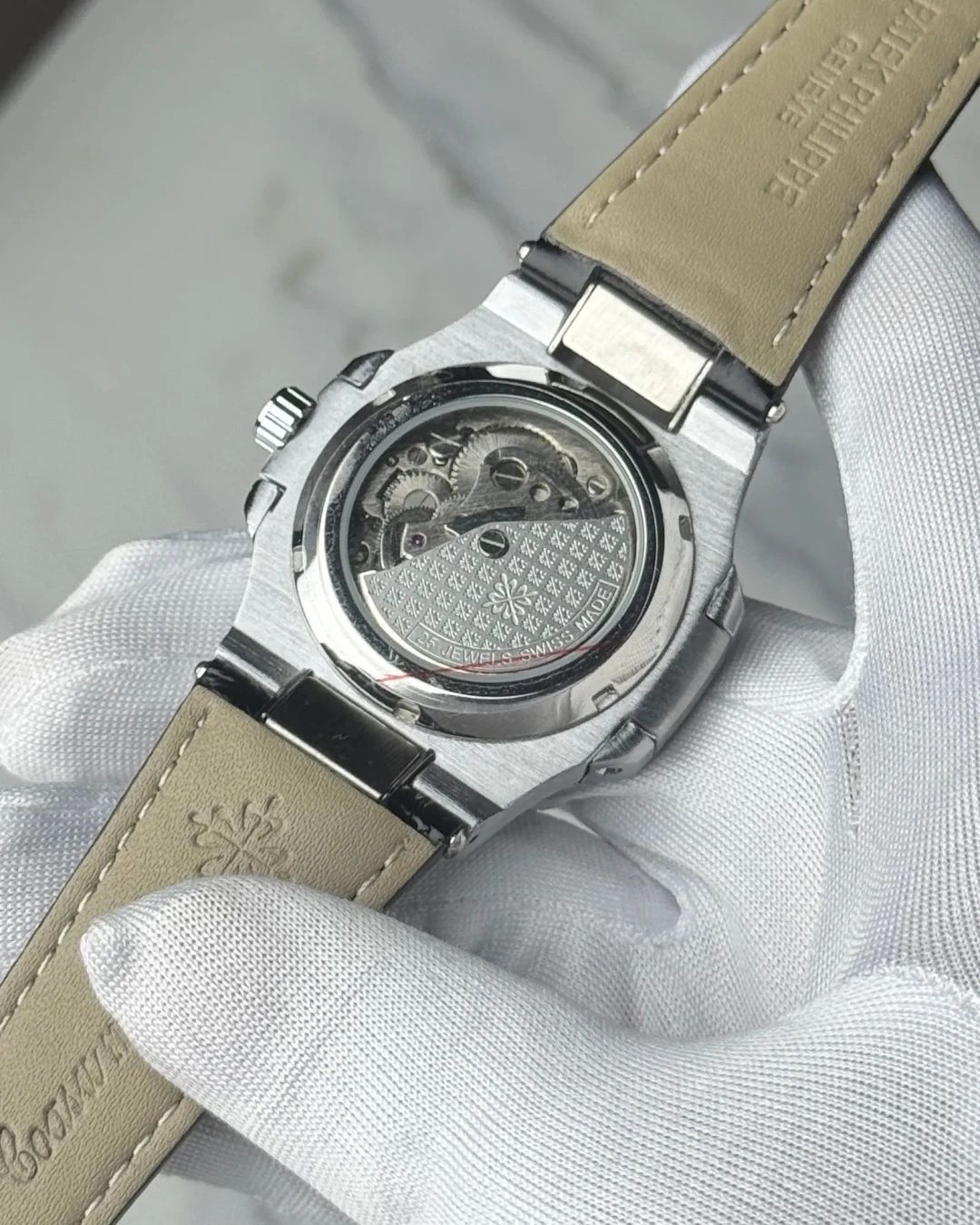 Patek Skeleton Black Leather Golden Bezel Black Dial