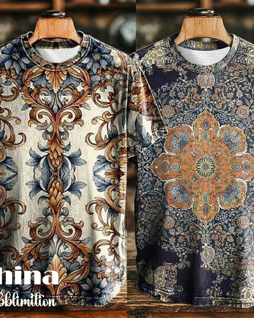 Vintage Abstract Gradient Print Casual Tee 2pics Combo