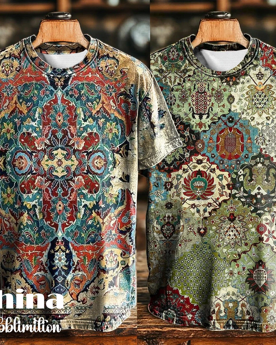 Vintage Abstract Gradient Print Casual Tee 2pics Combo-1