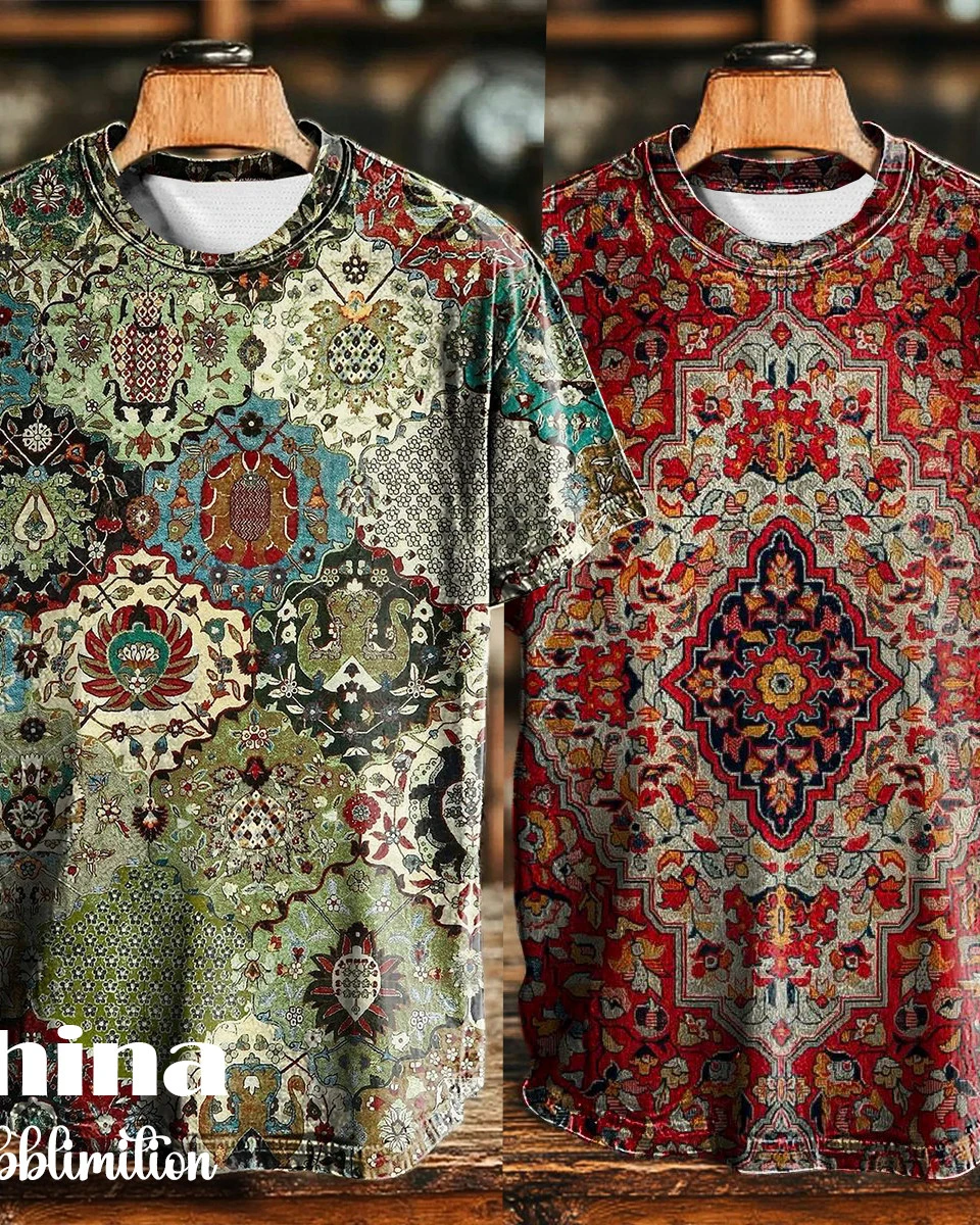 Vintage Abstract Gradient Print Casual Tee 2pics Combo-1