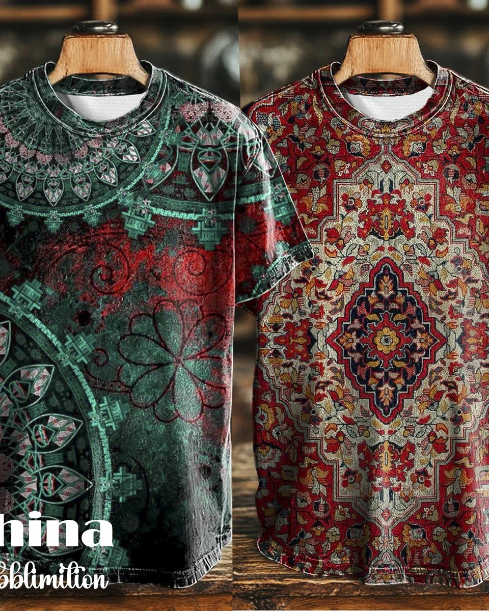 Vintage Abstract Gradient Print Casual Tee 2pics Combo-1