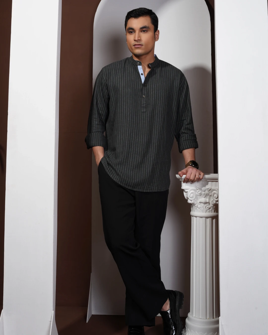 Charcoal Gray with subtle light gray vertical stripes.