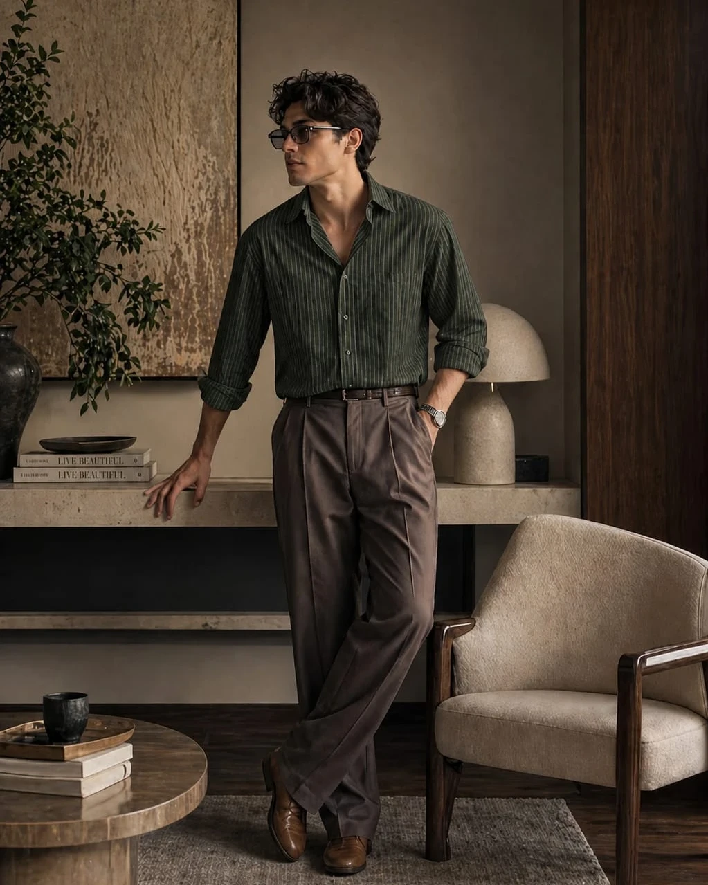 Dark Olive Green with Thin White Pinstripes