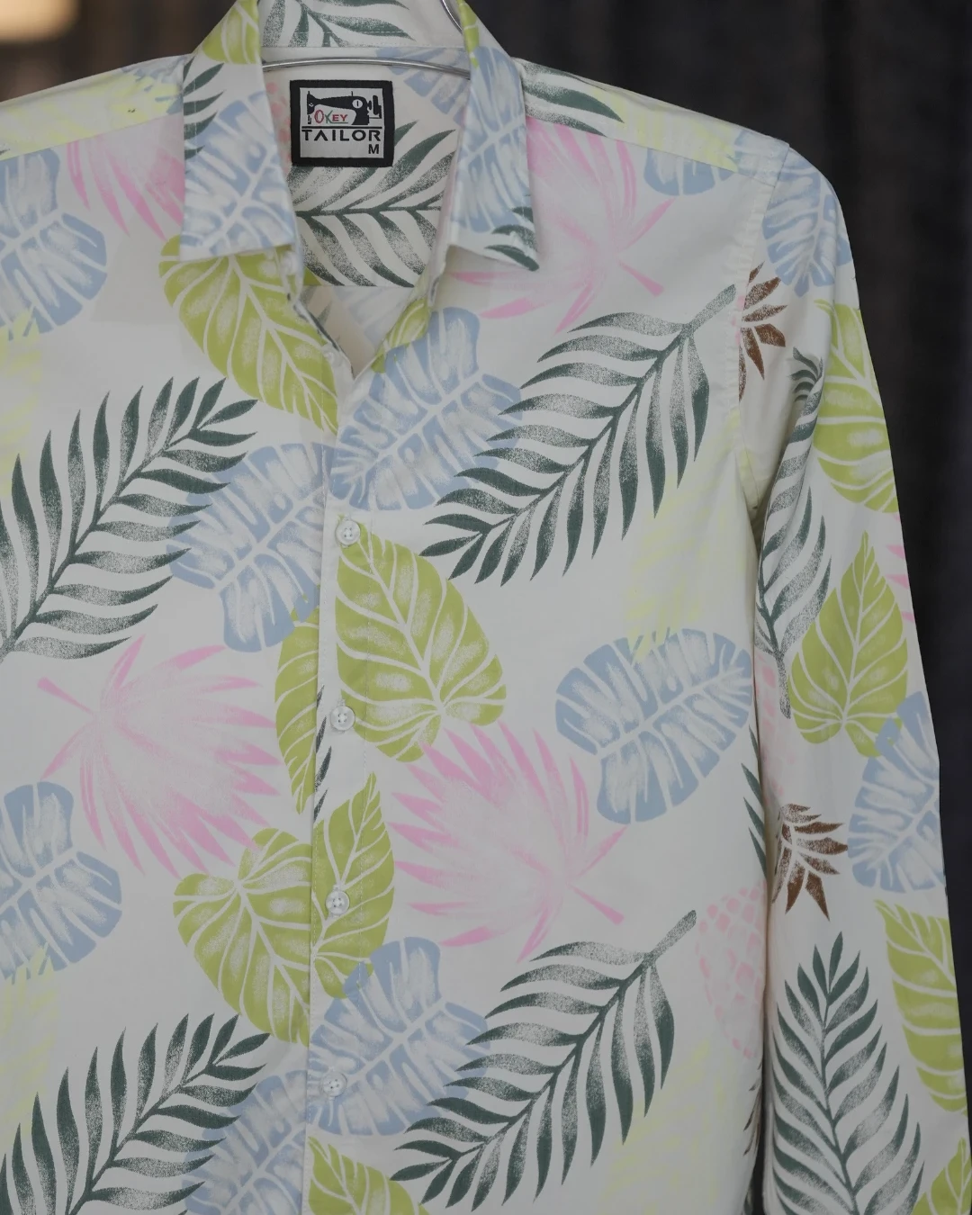 White Base Multicolor Tropical Leaf Print Shirt.
