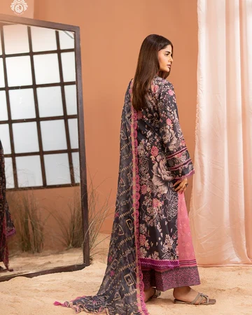 Pakistani Mishaal V3 Unstitched Three Piece Lawn - Charcoal x Pink