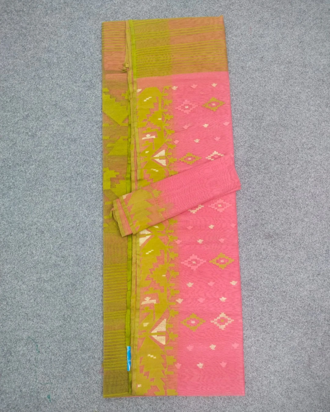 Coral Pink and Olive Green Handloom Ransom Silk Jamdani Saree