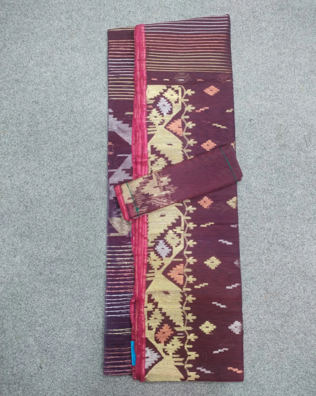 Wine Burgundy Geometric Handloom Ransom Silk Jamdani Saree