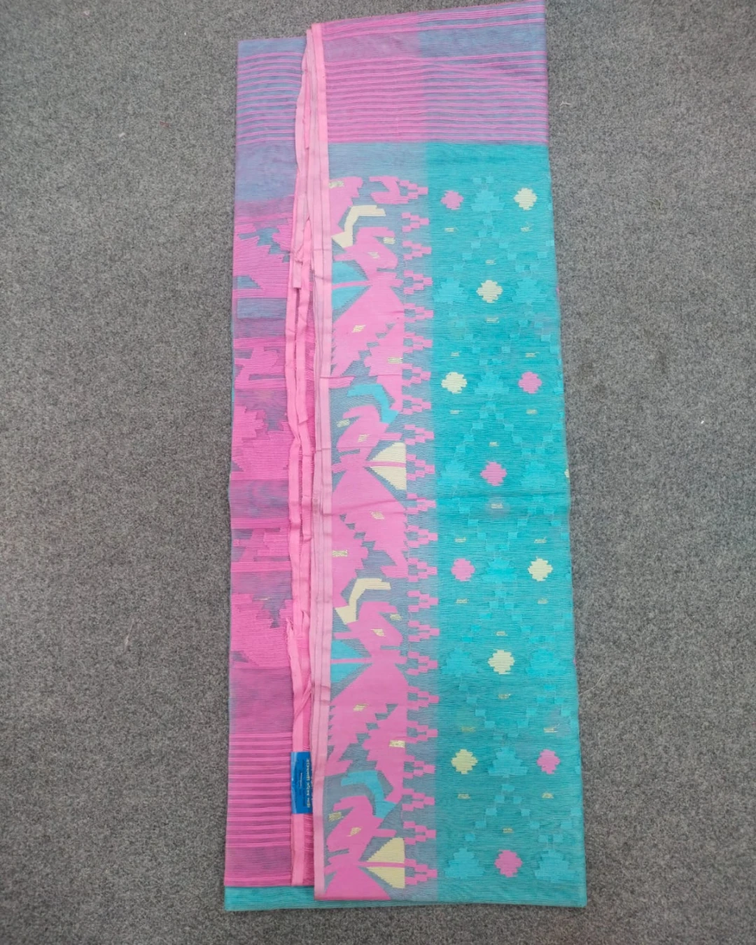 Turquoise Blue and Pastel Pink Geometric Handloom Ransom Silk Jamdani Saree