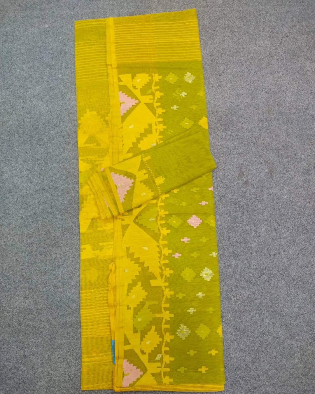 Lime Green and Mustard Yellow Geometric Handloom Ransom Silk Jamdani Saree