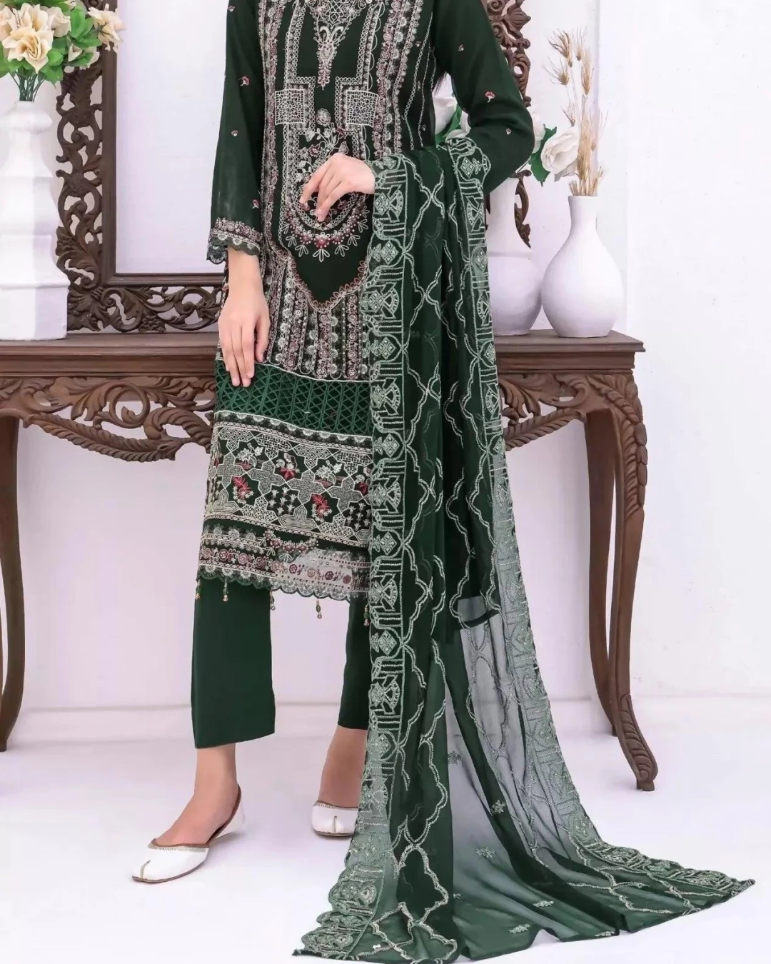 Pakistani Bin Hameed Horain Embroidered Unstitched Chiffon Three Piece - Green