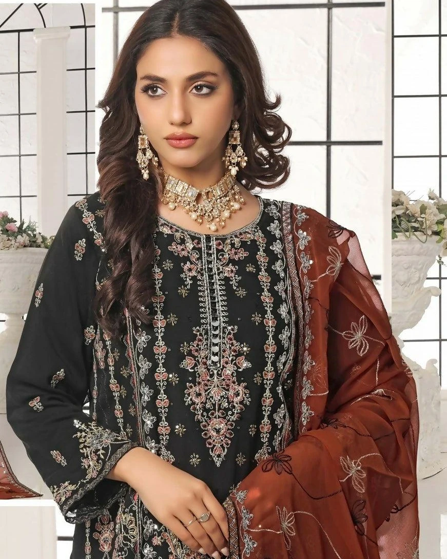 Pakistani Bin Hameed Horain Luxury Embroidered Unstitched Chiffon Three Piece - Birch