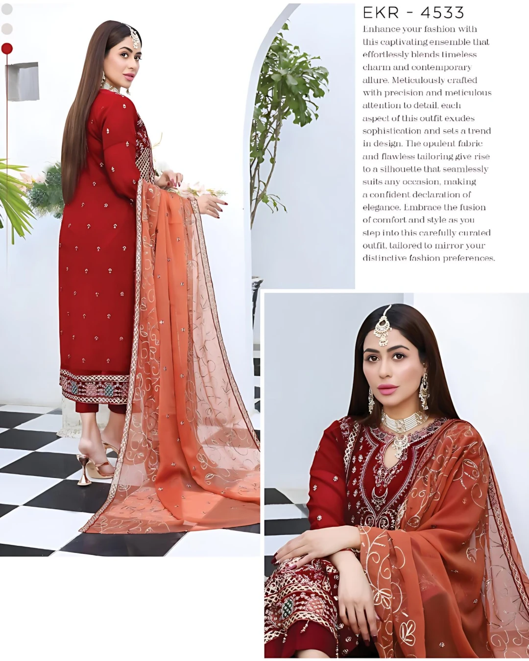 Pakistani Bin Hameed Middhat Embroidered Unstitched Chiffon Three Piece - Tabasco