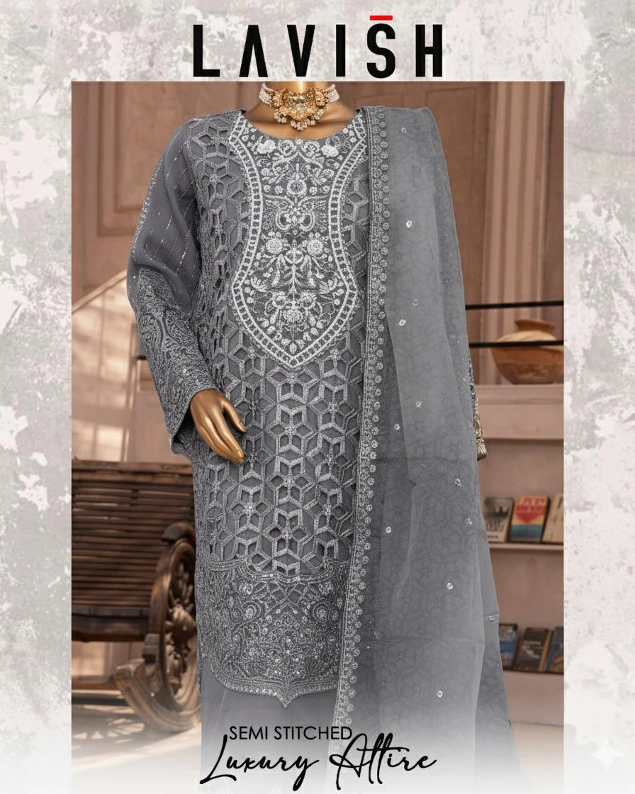 Pakistani Lavish Karchupi Worked Unstitched Organza Three Piece - Flint