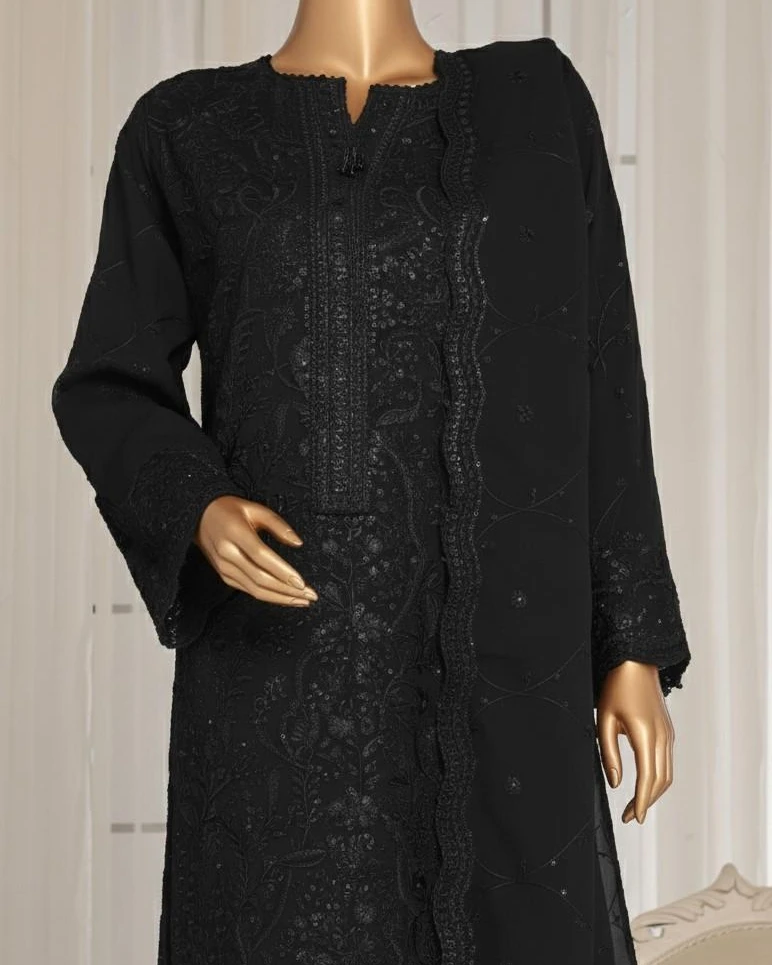 Pakistani Lavish Karchupi Worked Unstitched Chiffon Three Piece - Dark