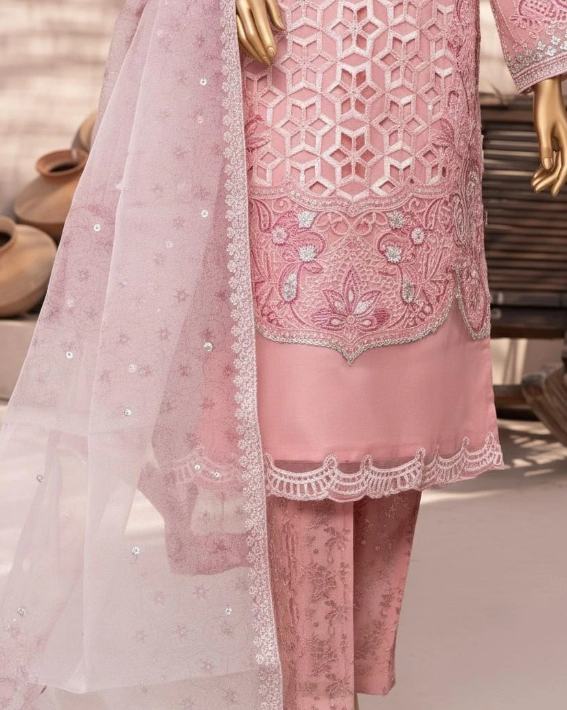 Pakistani Lavish Karchupi Worked Unstitched Organza Three Piece - Blush