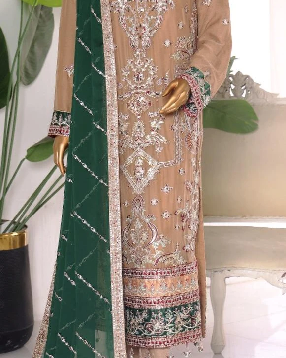 Pakistani Lavish Karchupi Worked Unstitched Organza Three Piece - Mocha