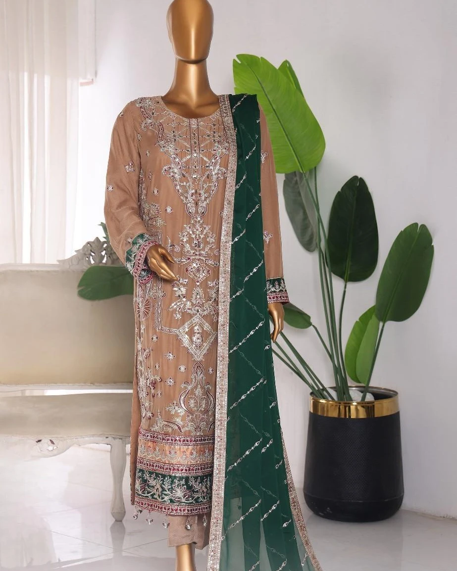 Pakistani Lavish Karchupi Worked Unstitched Organza Three Piece - Mocha