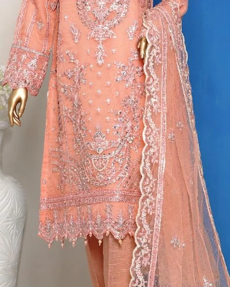Pakistani Lavish Karchupi Worked Unstitched Organza Three Piece - Tacao