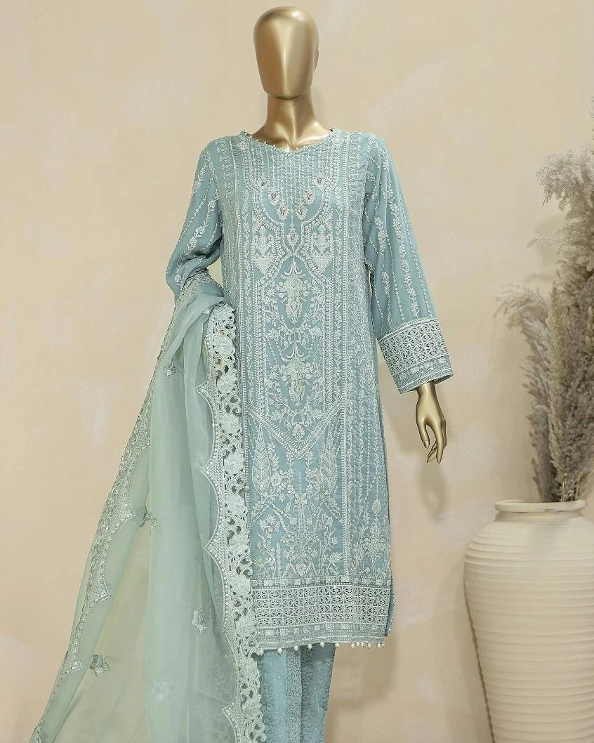 Pakistani Lavish Karchupi Worked Unstitched Organza Three Piece - Oxley