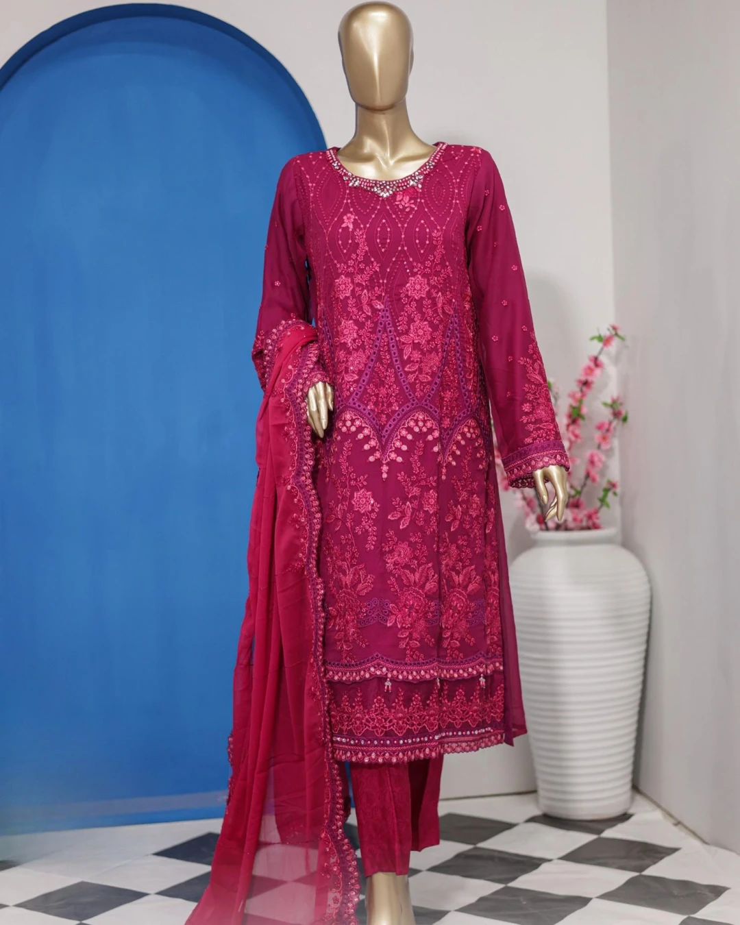 Pakistani Lavish Karchupi Worked Unstitched Chiffon Three Piece - Mulberry