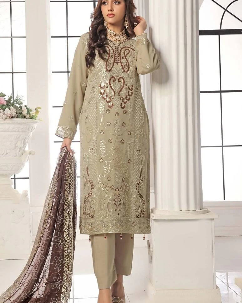 Pakistani Bin Hameed Embroidered Unstitched Chiffon Three Piece - Mushroom