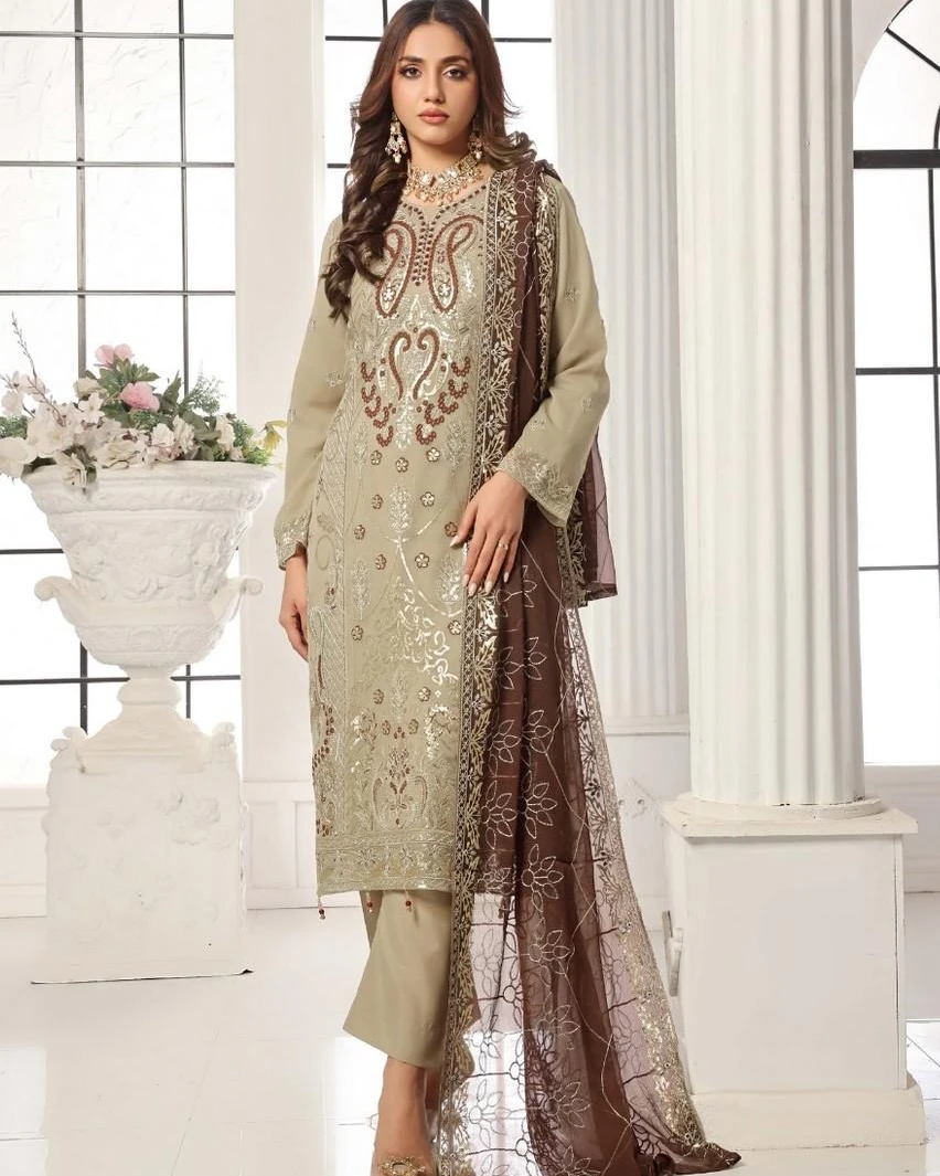 Pakistani Bin Hameed Embroidered Unstitched Chiffon Three Piece - Mushroom