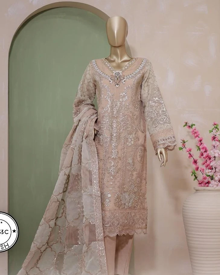 Pakistani Lavish Heavy Worked Unstitched Chiffon Three Piece - Brandy Rose