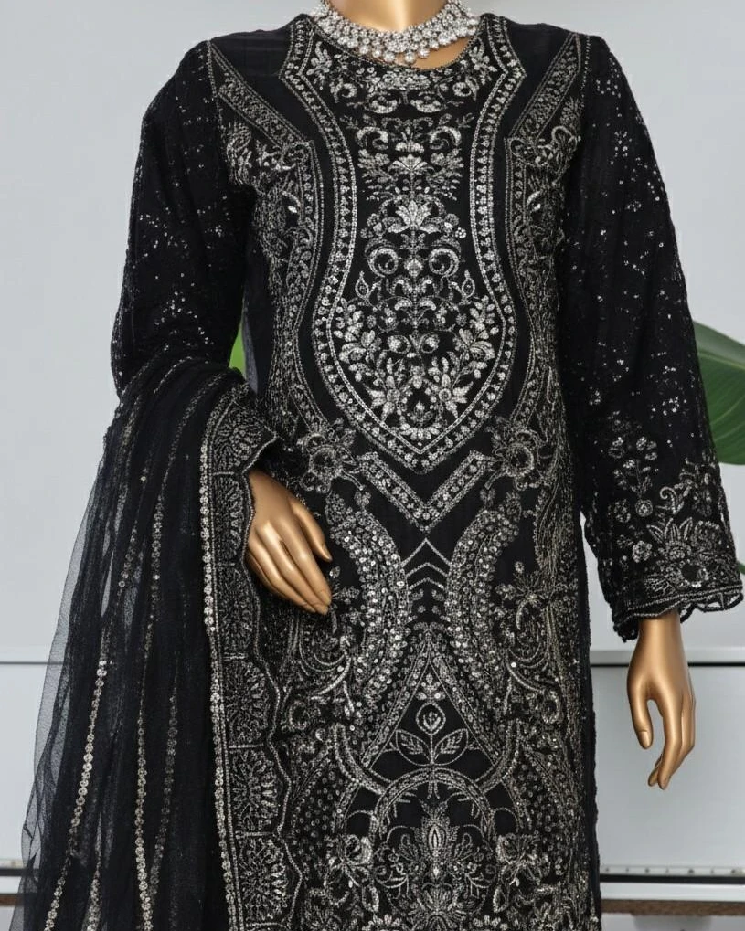 Pakistani Lavish Heavy Embroidered Unstitched Chiffon Three Piece - Onyx