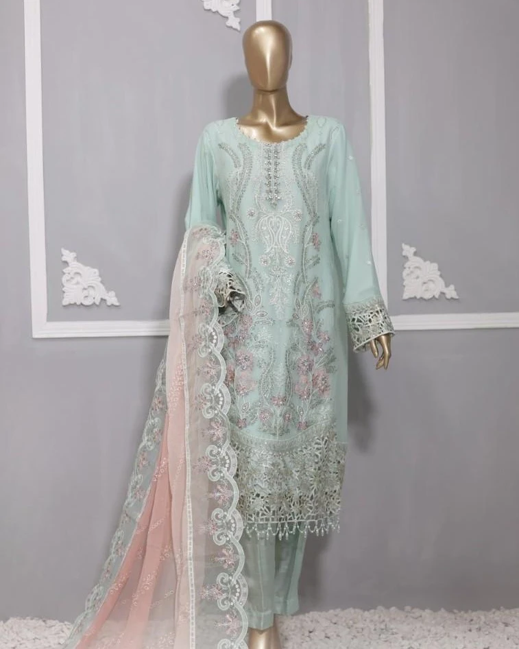 Pakistani Lavish Heavy Embroidered Unstitched Chiffon Three Piece - Opal