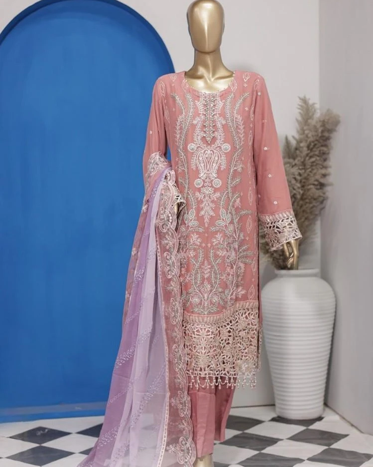 Pakistani Lavish Heavy Embroidered Unstitched Chiffon Three Piece - Old Rose