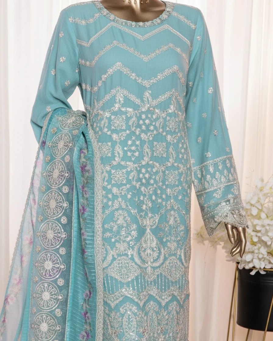 Pakistani Lavish Heavy Embroidered Unstitched Organza Three Piece - Verdigris