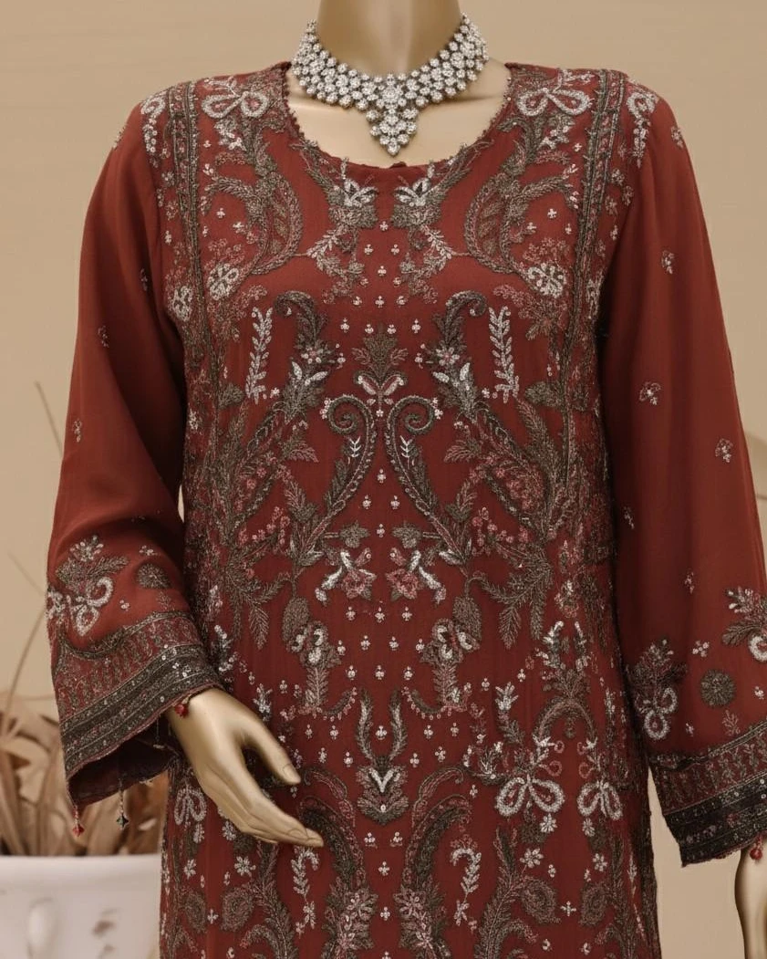 Pakistani Lavish Heavy Embroidered Unstitched Chiffon Three Piece - Redwood