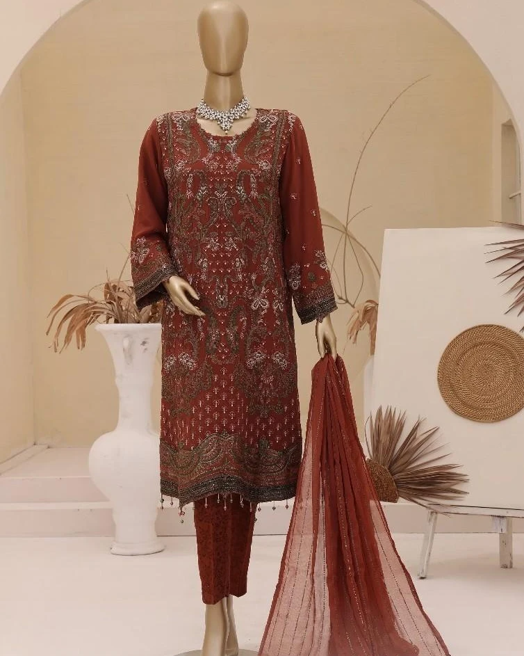 Pakistani Lavish Heavy Embroidered Unstitched Chiffon Three Piece - Redwood