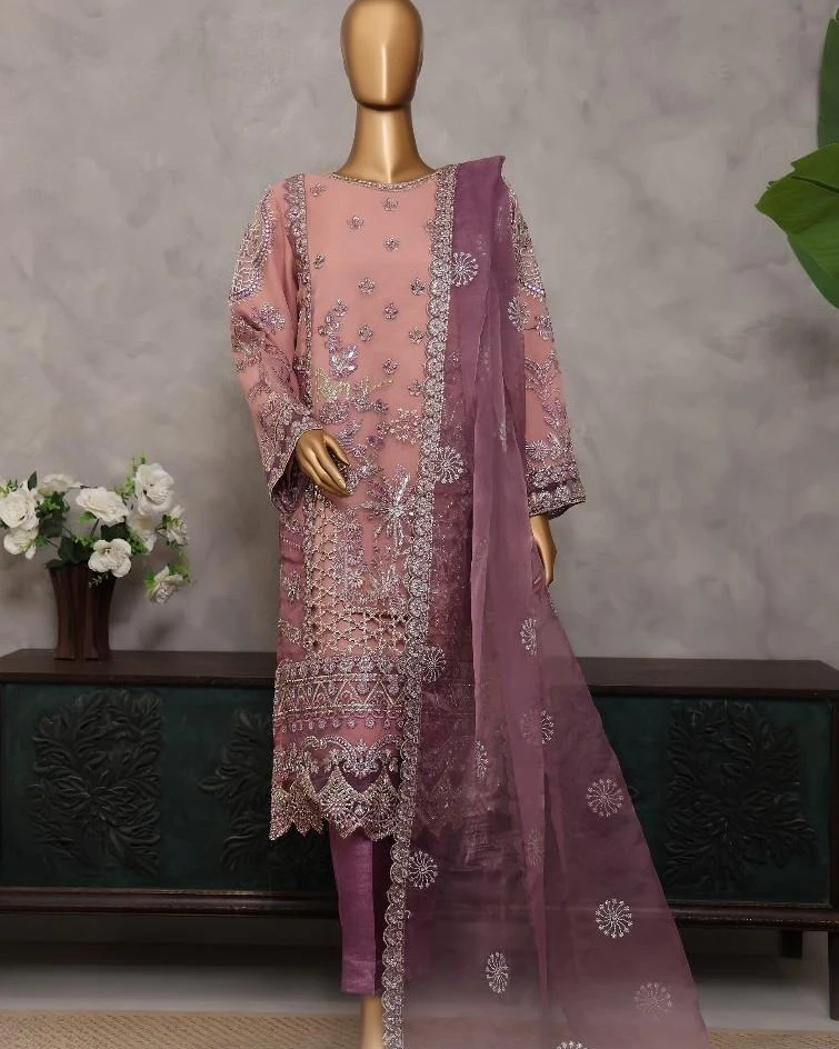 Pakistani Lavish Heavy Embroidered Unstitched Organza Three Piece - Oriental Pink