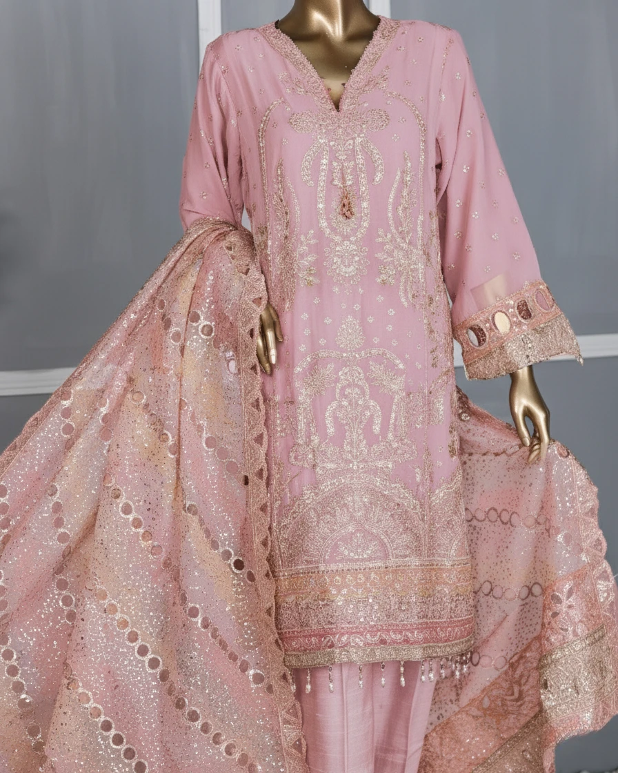 Pakistani Lavish Heavy Embroidered Unstitched Chiffon Three Piece - Lily