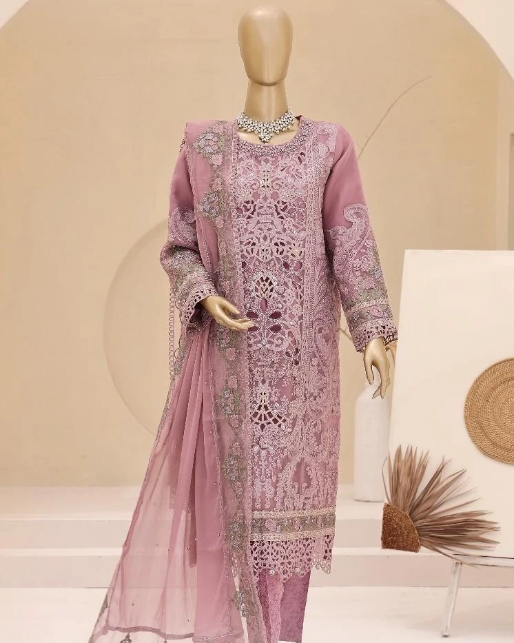 Pakistani Lavish Heavy Embroidered Unstitched Organza Three Piece - Turkish Rose