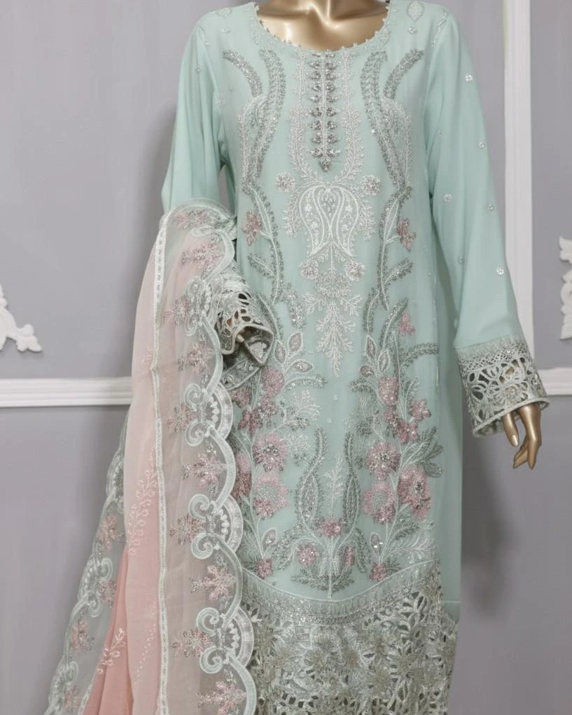 Pakistani Lavish Heavy Embroidered Unstitched Chiffon Three Piece - Gum Leaf