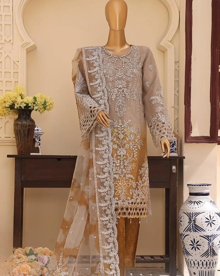 Pakistani Lavish Heavy Stone Embroidered Unstitched Organza Three Piece - Beaver