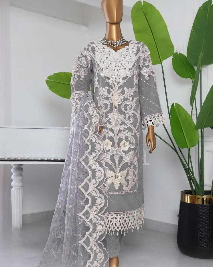 Pakistani Lavish Heavy Embroidered Unstitched Organza Three Piece - Monsoon