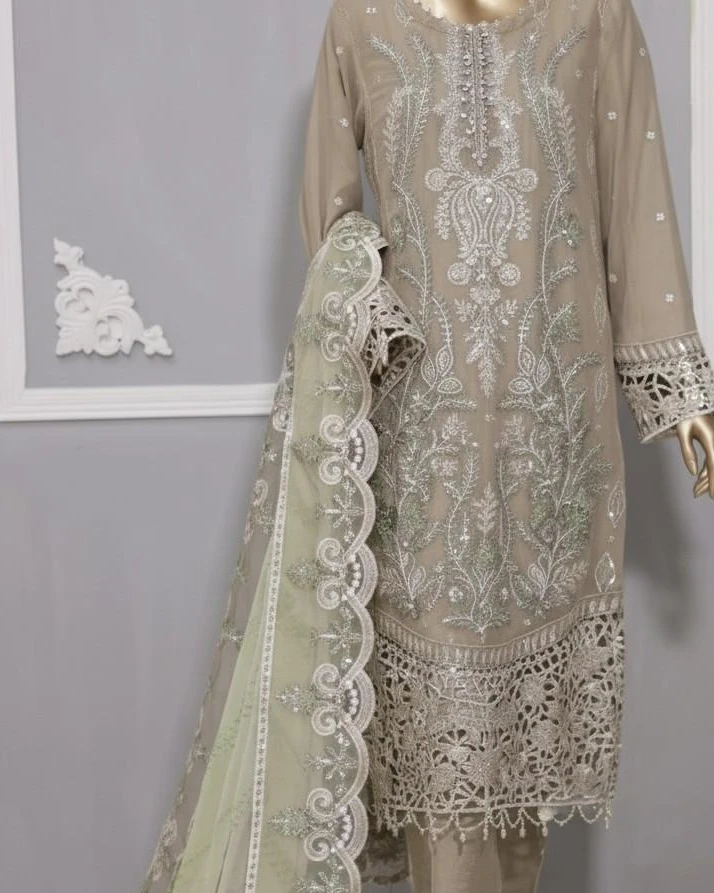 Pakistani Lavish Heavy Embroidered Unstitched Chiffon Three Piece - Sandrift