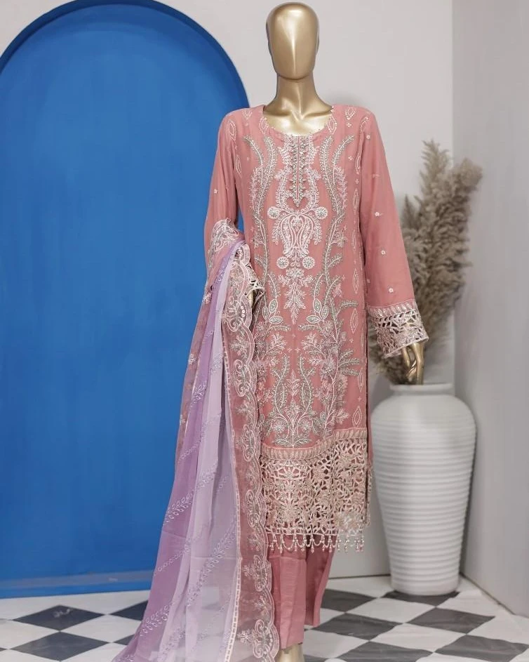 Pakistani Lavish Heavy Embroidered Unstitched Chiffon Three Piece - Lipstick Pink