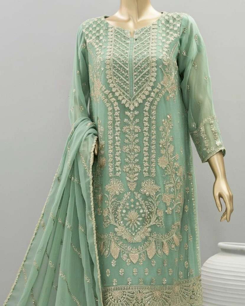 Pakistani Lavish Heavy Embroidered Unstitched Organza Three Piece - Bay Leaf
