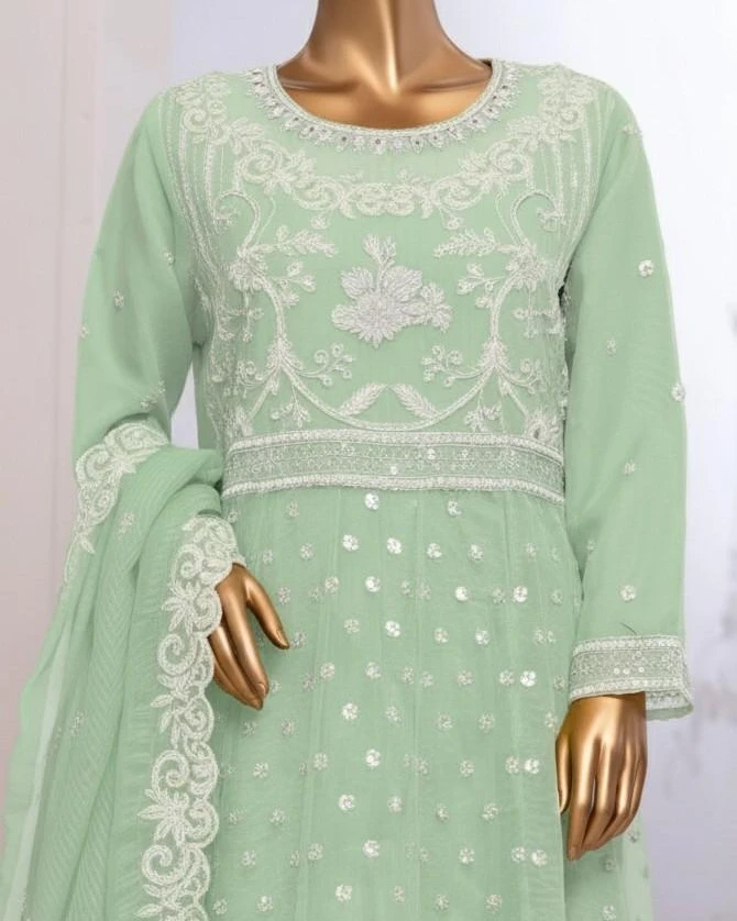 Pakistani Lavish Heavy Embroidered Unstitched Organza Three Piece - Green