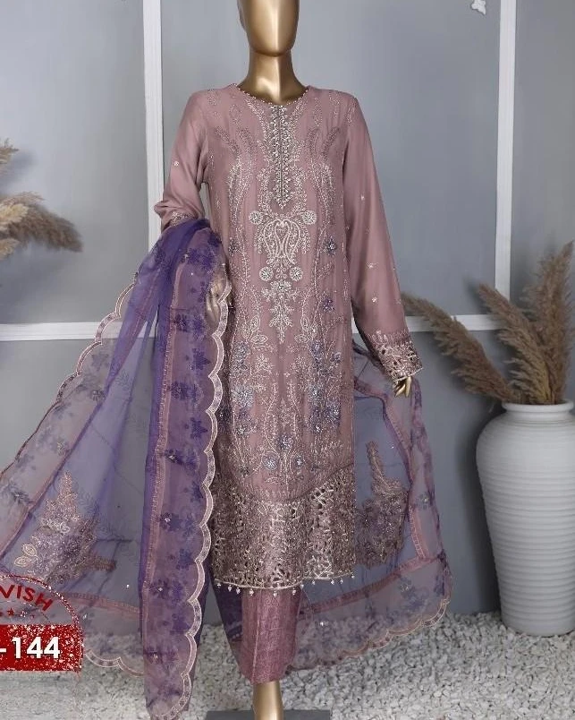 Pakistani Lavish Heavy Embroidered Unstitched Chiffon Three Piece - Cinereous