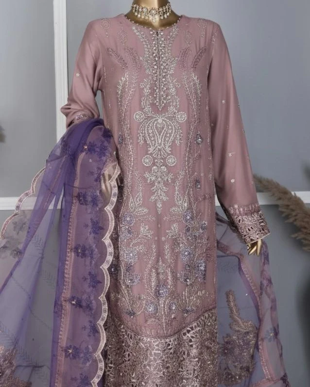 Pakistani Lavish Heavy Embroidered Unstitched Chiffon Three Piece - Cinereous